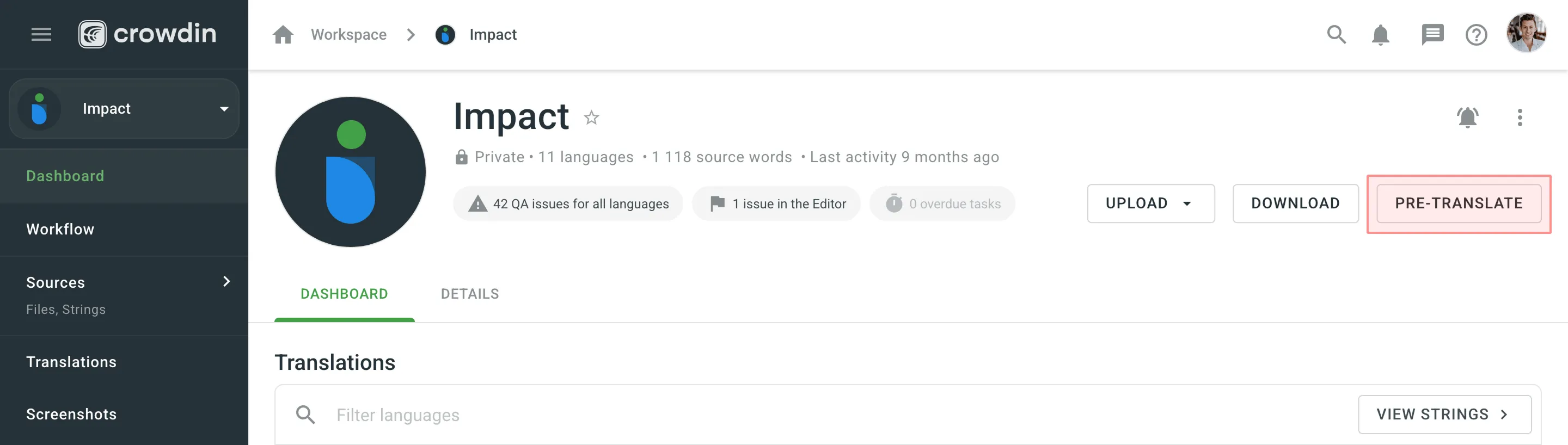 Pre-Translation Button